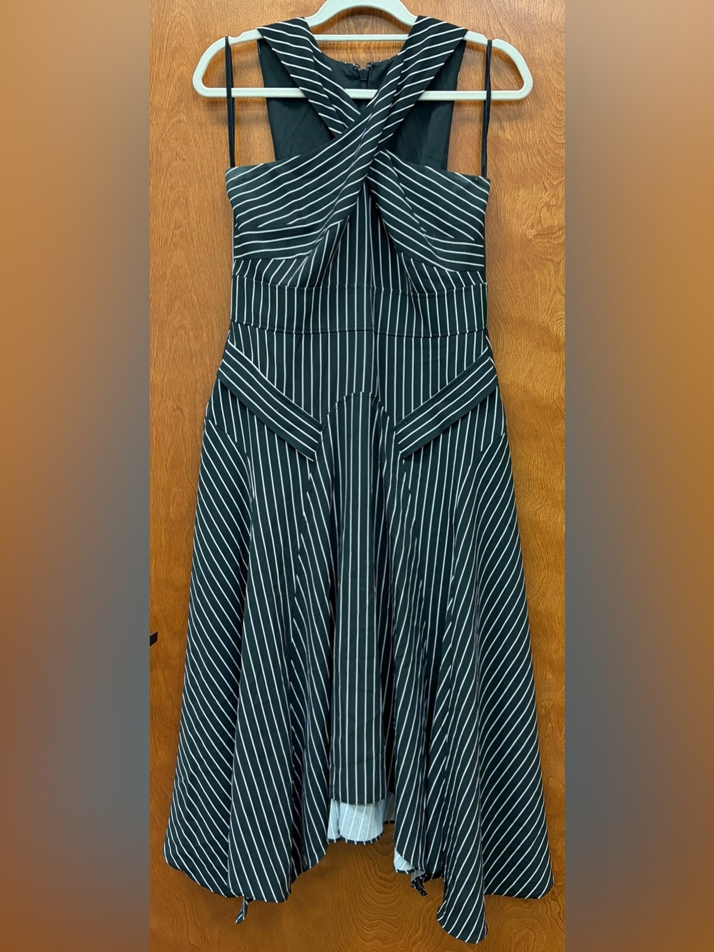 N Y & Co Black & White Striped Asymmetrical Criss Cross Halter Midi Dress Size 6